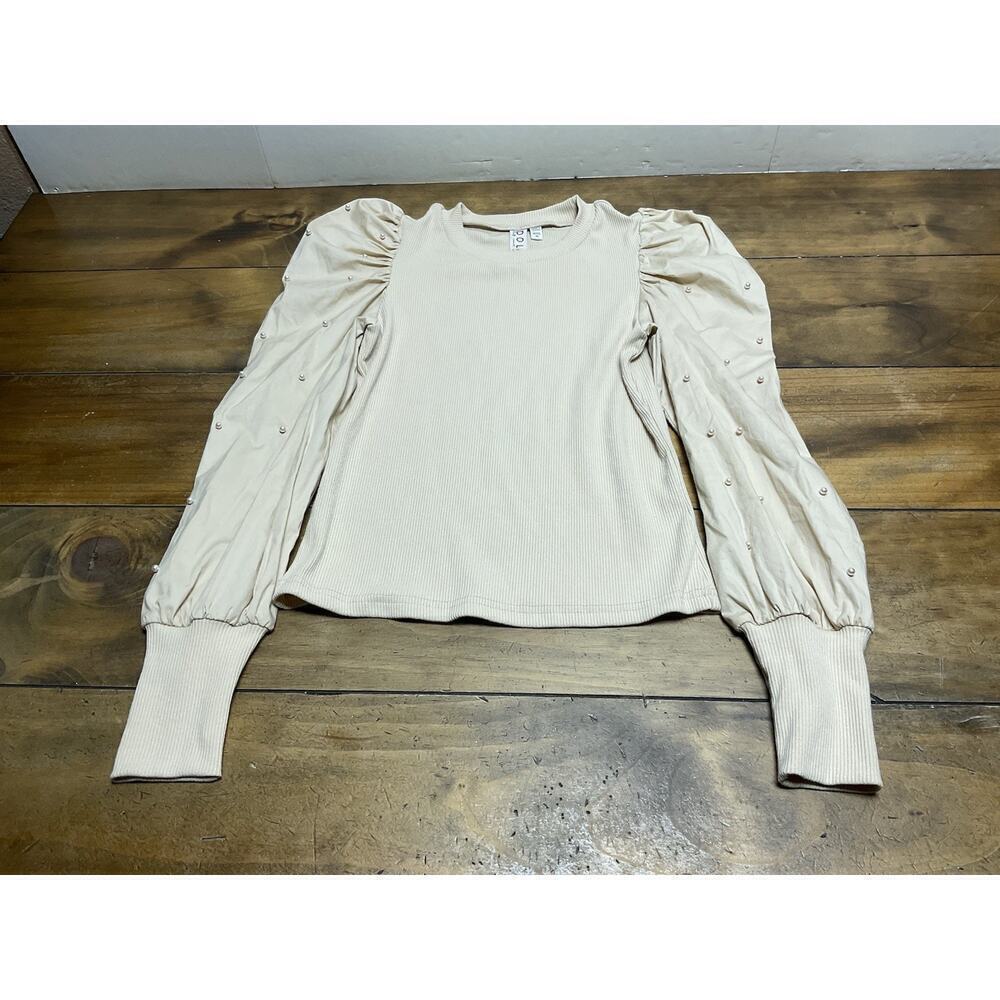 Dolan Anthropology Puff Long Sleeve Pearl Ribbed Tan Top Womens XS Petite